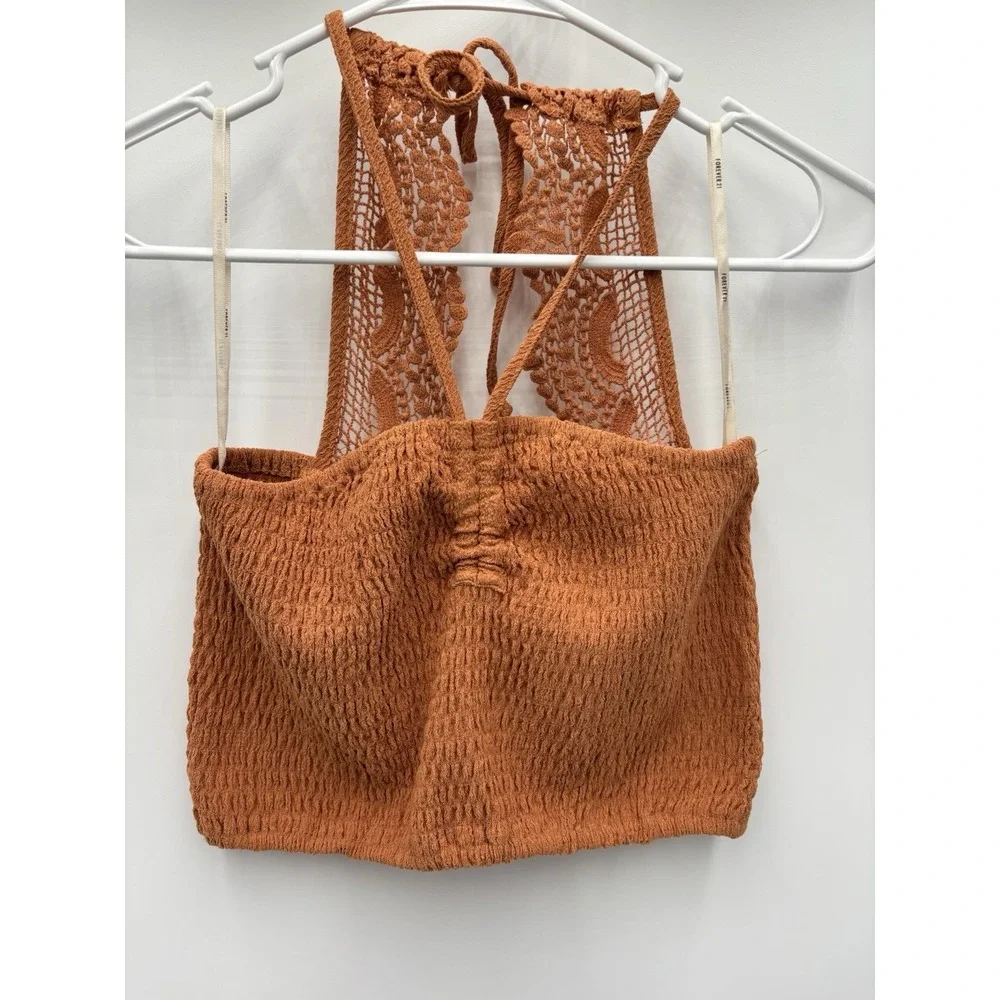 Forever 21 Crochet Lace Back Smocked Crop Top Boho Festival Hippie Brown M NWT - Picture 3 of 7